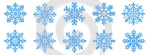 Snowflake icons set. Collection of blue snowflakes on white background