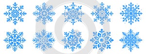 Snowflake icons set. Collection of blue snowflakes on white background