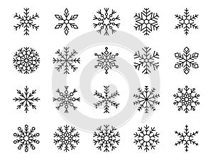 Snowflake icons set, crystal geometric snow. Ice winter flakes, cold art stars, cute xmas holiday ornament. Black