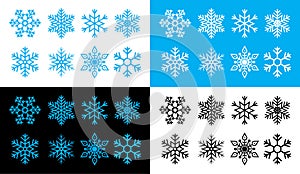 Snowflake icons. Snowflakes isolated on white background. Blue, black and white snow flakes for winter and christmas. Set of
