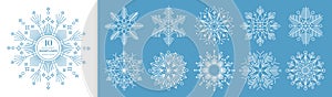 Snowflake line icons on blue and white background