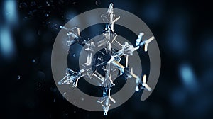 Snowflake macro illustration on dark blue background. Generative Ai