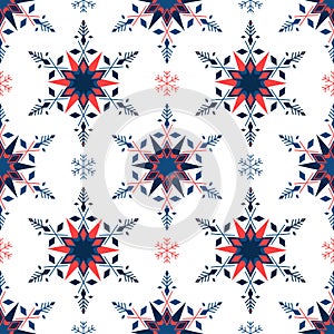 Snowflake pattern of geometric shape of blue and red colors on white background, seamless vector illustration