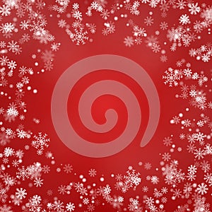 Snowflake round border vector isolated on red background. Christmas falling snow frame. Winter xmas