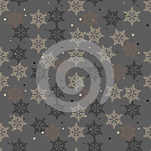 Snowflake seamless pattern. Black and brown retro background. Chaotic elements. Abstract geometric shape texture. Design template