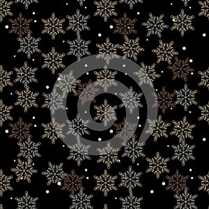 Snowflake seamless pattern. Black and brown retro background. Chaotic elements. Abstract geometric shape texture. Design template