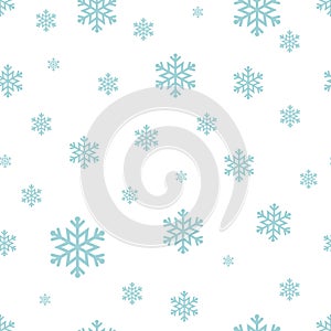 Snowflake seamless pattern Blue snow on white background. Merry Christmas holiday New Year vector
