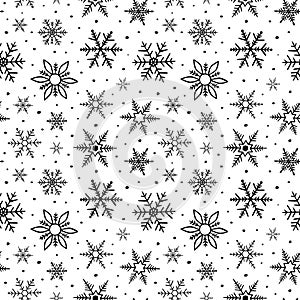 Snowflake seamless pattern. Repeating snowflakes patern. Hand draw winter design prints. Repeated black falling snow isolated