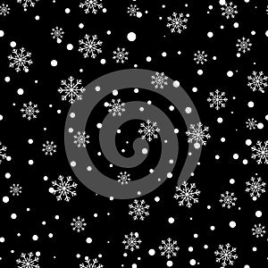 Snowflake seamless pattern. Snow on black background. Abstract wallpaper, wrapping decoration. Merry Christmas holiday