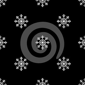 Snowflake seamless pattern. Snow on black background. Abstract wallpaper, wrapping decoration. Merry Christmas holiday