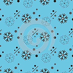 Snowflake seamless pattern. Snow on blue background. Abstract wallpaper, wrapping decoration. Symbol winter, Merry Christmas holid