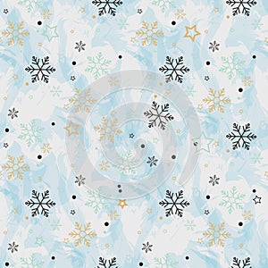 Snowflake seamless pattern. Snow on blue background. Abstract wallpaper, wrapping decoration. Symbol winter, Merry Christmas holid