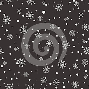 Snowflake seamless pattern. Snow on graybackground. Abstract wallpaper, wrapping decoration. Merry Christmas holiday