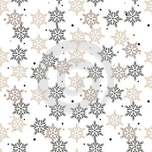 Snowflake seamless pattern. White and brown retro background. Chaotic elements. Abstract geometric shape texture. Design template
