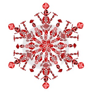 Snowflake shape from red ruby gems isolated on white