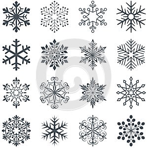 Snowflake shapes set on white background.