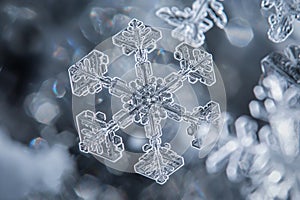 A snowflake is shown in a blurry image with a lot of light and reflection