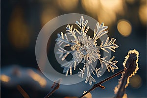 a snowflake is shown on a branch in the sun light of the morning light