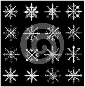 Snowflake silhouette icon, symbol, design set. Winter, christmas vector illustration on black background.