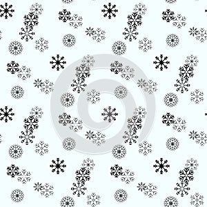 Snowflake simple seamless pattern. Black snow on white background. Abstract wallpaper, wrapping decoration. Symbol of winter,