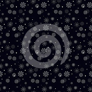 Snowflake simple seamless pattern. Black snow on white background. Abstract wallpaper, wrapping decoration. Symbol of winter,