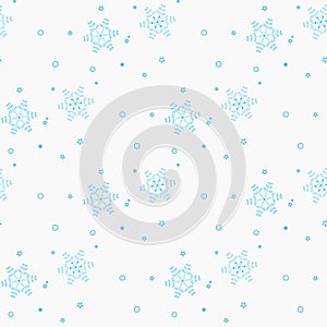 Snowflake simple seamless pattern. Blue snow on white background. Abstract wallpaper, wrapping decoration. Symbol of