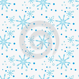 Snowflake simple seamless pattern. Blue snow on white background. Abstract wallpaper, wrapping decoration. Symbol of winter, Merry