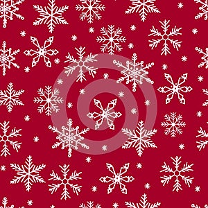Snowflake simple vector seamless pattern. Blue snow on white background. Abstract wallpaper and wrapping decoration. Symbol of