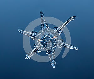 Snowflake on smooth gradient background. Macro photo of real snow crystal on glass surface. This is small snowflake with