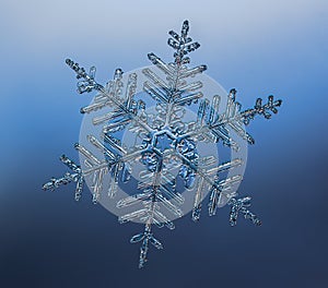 Snowflake on smooth gradient background. Macro photo of real snow crystal on glass surface. This is small snowflake with