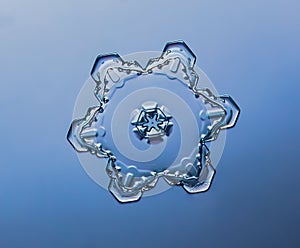 Snowflake on smooth gradient background. Macro photo of real snow crystal on glass surface. This is small snowflake with