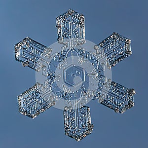 Snowflake on smooth gradient background. Macro photo of real snow crystal on glass surface. This is small snowflake with