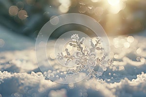 Snowflake on snow with blurred winter natural background