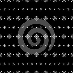 Snowflake and star seamless pattern. Snow on black background. Abstract wallpaper, wrapping decoration. Merry Christmas holiday,