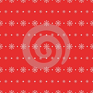 Snowflake and star seamless pattern. Snow on red background. Abstract wallpaper, wrapping decoration. Merry Christmas holiday,