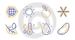 Snowflake, Sun energy and Thermometer icons set. Apple, Eco energy and Vitamin e signs. Vector