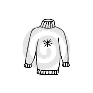 Snowflake sweater clothing and comfort in a cold weather set. Hand drawn element icon in doodle style