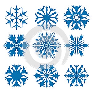 Snowflake vector icon background set blue color. Winter white christmas snow flake crystal element. Weather illustration ice