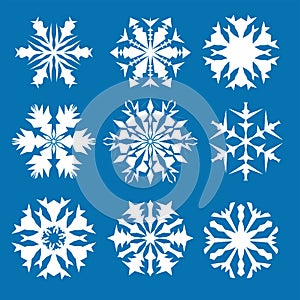 Snowflake vector icon background set blue color. Winter white christmas snow flake crystal element. Weather illustration ice