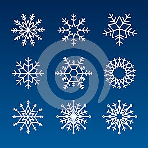 Snowflake vector icon background set white color. Winter blue christmas snow flake crystal element. Vector stock illustration