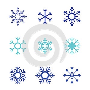 Snowflake vector icon white background set color. Winter blue christmas snow flat crystal element. Weather illustration ice