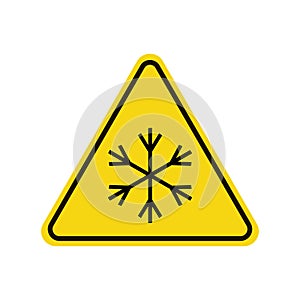 Snowflake warning sign. Snow warning sign. Risk of ice warning sign. Yellow background