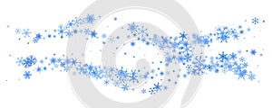 Snowflake wave winter background. Crystal stars Christmas decoration. Cold wind swirl snowstorm. Vector illustration