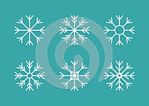 Snowflake winter icon set. Six white snowflakes. Merry Christmas. Happy New Year decoration sign symbol. Xmas paper craft. Snow