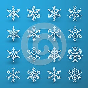 Snowflake winter set of white isolated icon silhouette on blue background. Vector illustration