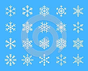 Snowflake winter set of white isolated icon silhouette on blue background. Vector illustration