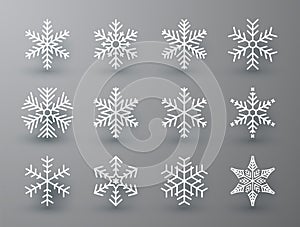 Snowflake winter set of white isolated icon silhouette on white gray background. Vector illustration