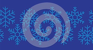 Snowflakes blue seamless vector border. Repeating horizontal pattern Christmas Wintertime Hanukkah background. Illustration Winter