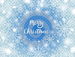 Snowflakes on blue transparent background. Merry Christmas card with snow and snowflakes. Winter background. Frost storm