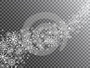 Snowflakes border in wave shape on transparent background. Glitter white snowflake and snow. Magic snowfall. Merry